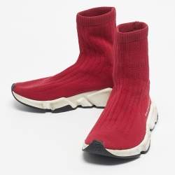 Pre Owned Balenciaga Red Knit Fabric Speed Trainer High Top Sneakers Size 39