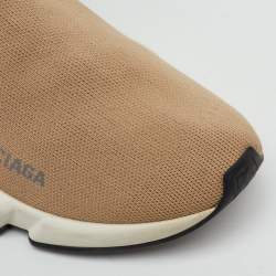 Pre Owned Balenciaga Beige Knit Fabric Speed Trainer High Top Sneakers Size 37