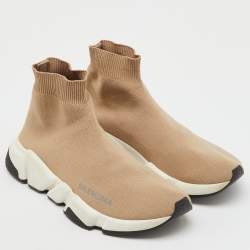Pre Owned Balenciaga Beige Knit Fabric Speed Trainer High Top Sneakers Size 37
