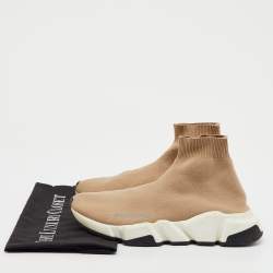 Pre Owned Balenciaga Beige Knit Fabric Speed Trainer High Top Sneakers Size 37