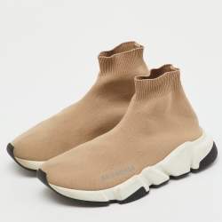 Pre Owned Balenciaga Beige Knit Fabric Speed Trainer High Top Sneakers Size 37