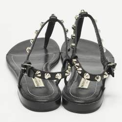 Pre Owned Balenciaga Black Leather Arena Thong Flats Size 39.5