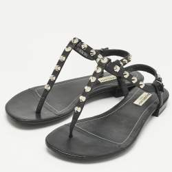 Pre Owned Balenciaga Black Leather Arena Thong Flats Size 39.5