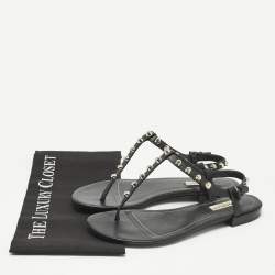 Pre Owned Balenciaga Black Leather Arena Thong Flats Size 39.5