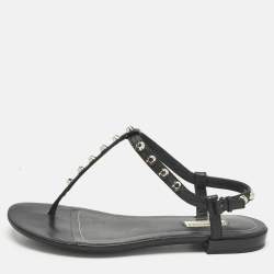 Pre Owned Balenciaga Black Leather Arena Thong Flats Size 39.5