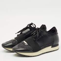 Pre Owned Balenciaga Black/Silver Fabric and Leather Race Runner Lace Up Sneakers Size 38