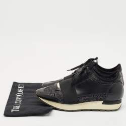 Pre Owned Balenciaga Black/Silver Fabric and Leather Race Runner Lace Up Sneakers Size 38
