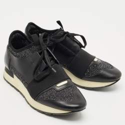 Pre Owned Balenciaga Black/Silver Fabric and Leather Race Runner Lace Up Sneakers Size 38
