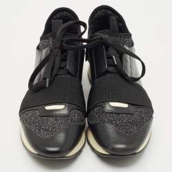 Pre Owned Balenciaga Black/Silver Fabric and Leather Race Runner Lace Up Sneakers Size 38
