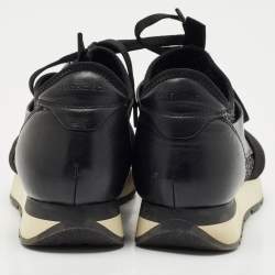 Pre Owned Balenciaga Black/Silver Fabric and Leather Race Runner Lace Up Sneakers Size 38