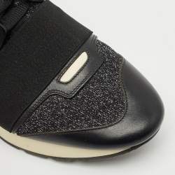 Pre Owned Balenciaga Black/Silver Fabric and Leather Race Runner Lace Up Sneakers Size 38