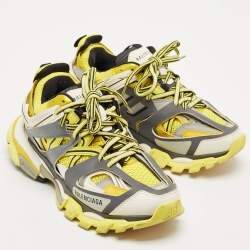 Pre Owned Balenciaga  Yellow/Grey Faux Leather and Mesh Track Low Top Sneakers Size 38
