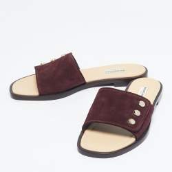 Pre Owned Balenciaga Burgundy Suede Studded Slide Flats Size 39