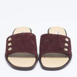 Pre Owned Balenciaga Burgundy Suede Studded Slide Flats Size 39