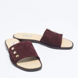 Pre Owned Balenciaga Burgundy Suede Studded Slide Flats Size 39