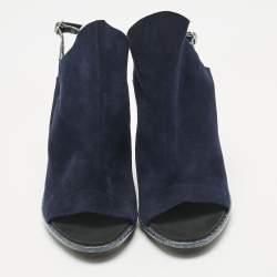 Pre Owned Balenciaga Navy Blue Suede and Python Open Toe Glove Slingback Sandals Size 39.5