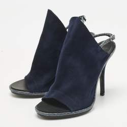 Pre Owned Balenciaga Navy Blue Suede and Python Open Toe Glove Slingback Sandals Size 39.5