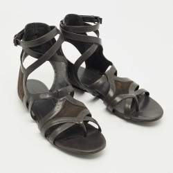 Pre Owned Balenciaga Green Leather and Suede Strappy Flat Sandals Size 40