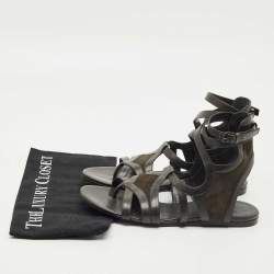 Pre Owned Balenciaga Green Leather and Suede Strappy Flat Sandals Size 40