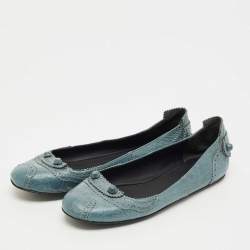 Pre Owned Balenciaga Blue Brogue Leather Arena Studded Ballet Flats Size 39.5