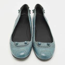 Pre Owned Balenciaga Blue Brogue Leather Arena Studded Ballet Flats Size 39.5