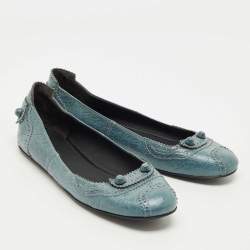 Pre Owned Balenciaga Blue Brogue Leather Arena Studded Ballet Flats Size 39.5