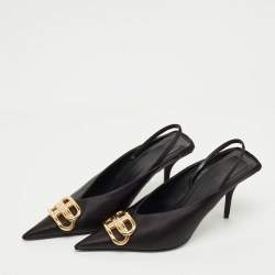 Pre Owned Balenciaga Black Satin Knife BB Slingback Pumps Size 36.5