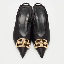 Pre Owned Balenciaga Black Satin Knife BB Slingback Pumps Size 36.5