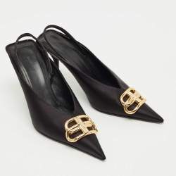 Pre Owned Balenciaga Black Satin Knife BB Slingback Pumps Size 36.5