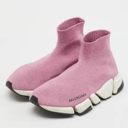 Pre Owned Balenciaga Metallic Pink Knit Fabric Speed Trainer Slip On Sneakers Size 37