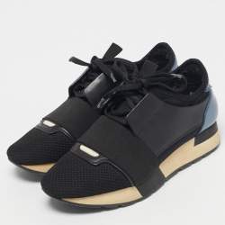 Pre Owned Balenciaga Black/Blue Mesh and Leather Race Runner Low Top Sneakers Size 36