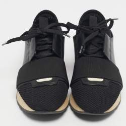 Pre Owned Balenciaga Black/Blue Mesh and Leather Race Runner Low Top Sneakers Size 36