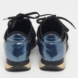Pre Owned Balenciaga Black/Blue Mesh and Leather Race Runner Low Top Sneakers Size 36