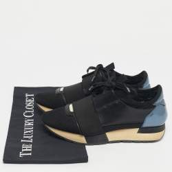 Pre Owned Balenciaga Black/Blue Mesh and Leather Race Runner Low Top Sneakers Size 36