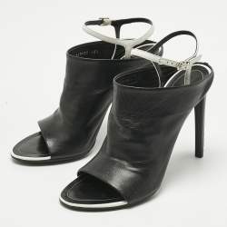 Pre Owned Balenciaga Black/White Leather Glove Ankle Strap Open Toe Mules Size 40.5