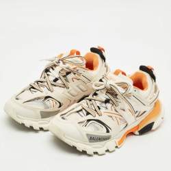Pre Owned Balenciaga White/Orange Mesh and Faux Leather Track Low Top Sneakers Size 36