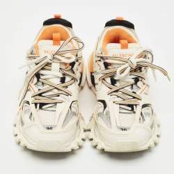 Pre Owned Balenciaga White/Orange Mesh and Faux Leather Track Low Top Sneakers Size 36