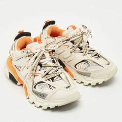 Pre Owned Balenciaga White/Orange Mesh and Faux Leather Track Low Top Sneakers Size 36