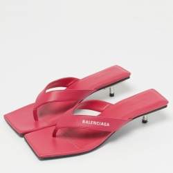Pre Owned Balenciaga Pink Leather Thong Square Slide Sandals Size 36.5