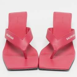 Pre Owned Balenciaga Pink Leather Thong Square Slide Sandals Size 36.5