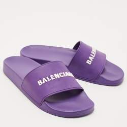 Pre Owned Balenciaga Purple/White Rubber Logo Pool Slides Size 42