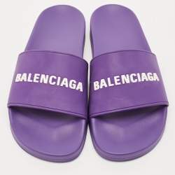 Pre Owned Balenciaga Purple/White Rubber Logo Pool Slides Size 42