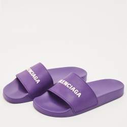 Pre Owned Balenciaga Purple/White Rubber Logo Pool Slides Size 42