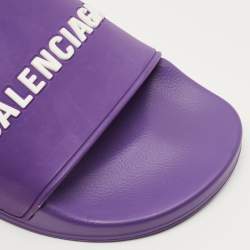 Pre Owned Balenciaga Purple/White Rubber Logo Pool Slides Size 42