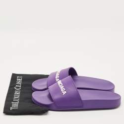 Pre Owned Balenciaga Purple/White Rubber Logo Pool Slides Size 42