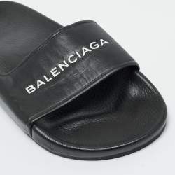 Pre Owned Balenciaga Black Logo Stamped Leather Slide Sandals Size 39