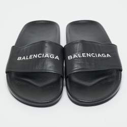 Pre Owned Balenciaga Black Logo Stamped Leather Slide Sandals Size 39