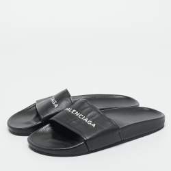 Pre Owned Balenciaga Black Logo Stamped Leather Slide Sandals Size 39