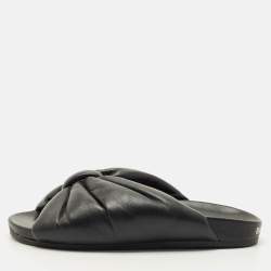 Pre Owned Balenciaga Black Leather Drapy Flat Slide Size 37