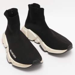 Pre Owned Balenciaga Black Knit Fabric Speed Trainer High Top Sneakers Size 38